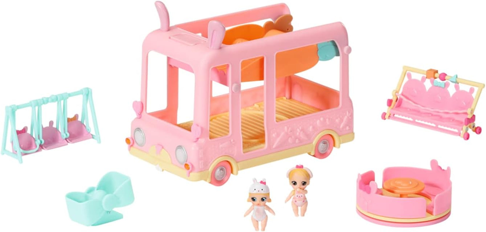 BABY born 904763 Baby Surprise Bus - mini bus jouet pour poupée rose avec 2 poupées exclusives, poussette triple, balançoire, carrousel, toboggan et balançoire triple.