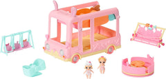 BABY born 904763 Baby Surprise Bus - mini bus jouet pour poupée rose avec 2 poupées exclusives, poussette triple, balançoire, carrousel, toboggan et balançoire triple.