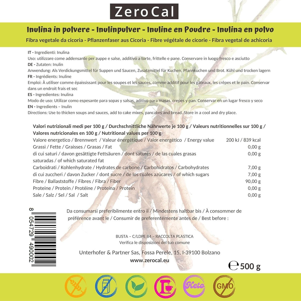 Zerocal - Poudre d'inuline de Chicorée-Wurzel 500 G | Inuline avec haut ballaststoffgehalt | 100 % végétalien et sans gluten | Herkunft Deutschland Édulcorants Naty Shop