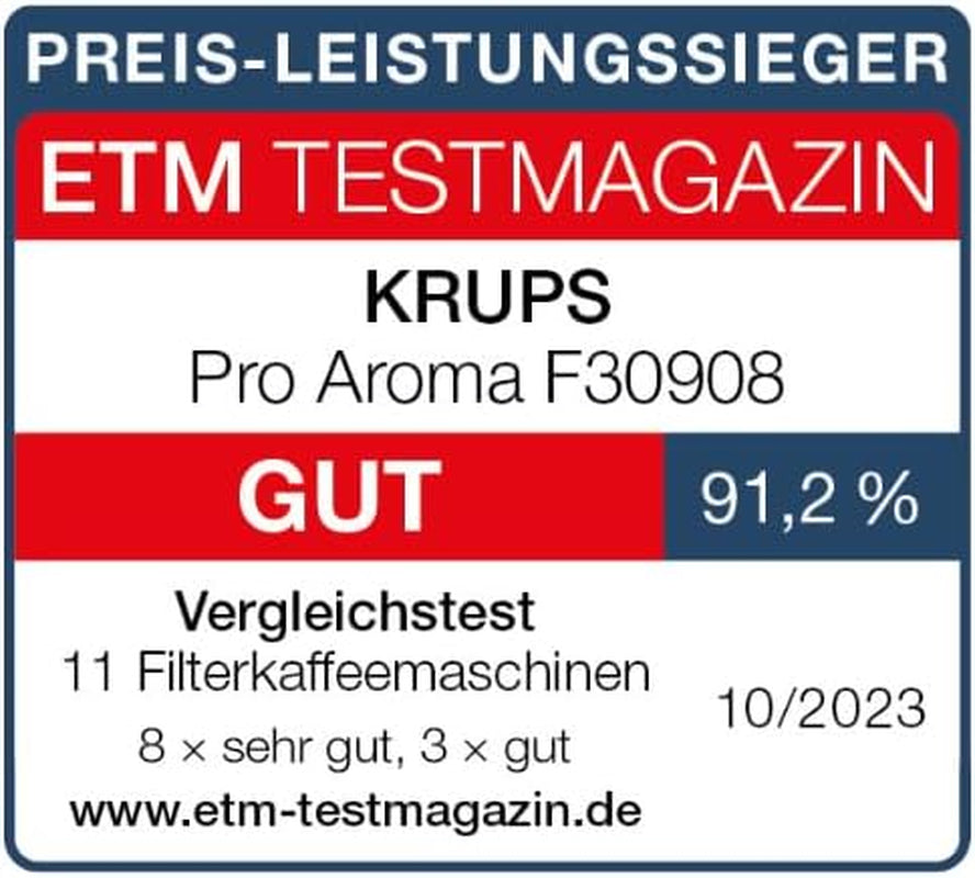 Krups F30908 ProAroma Machine à expresso avec filtre et carafe en verre, capacité 1,25 l, 10-15 tasses, 1050 W, noir