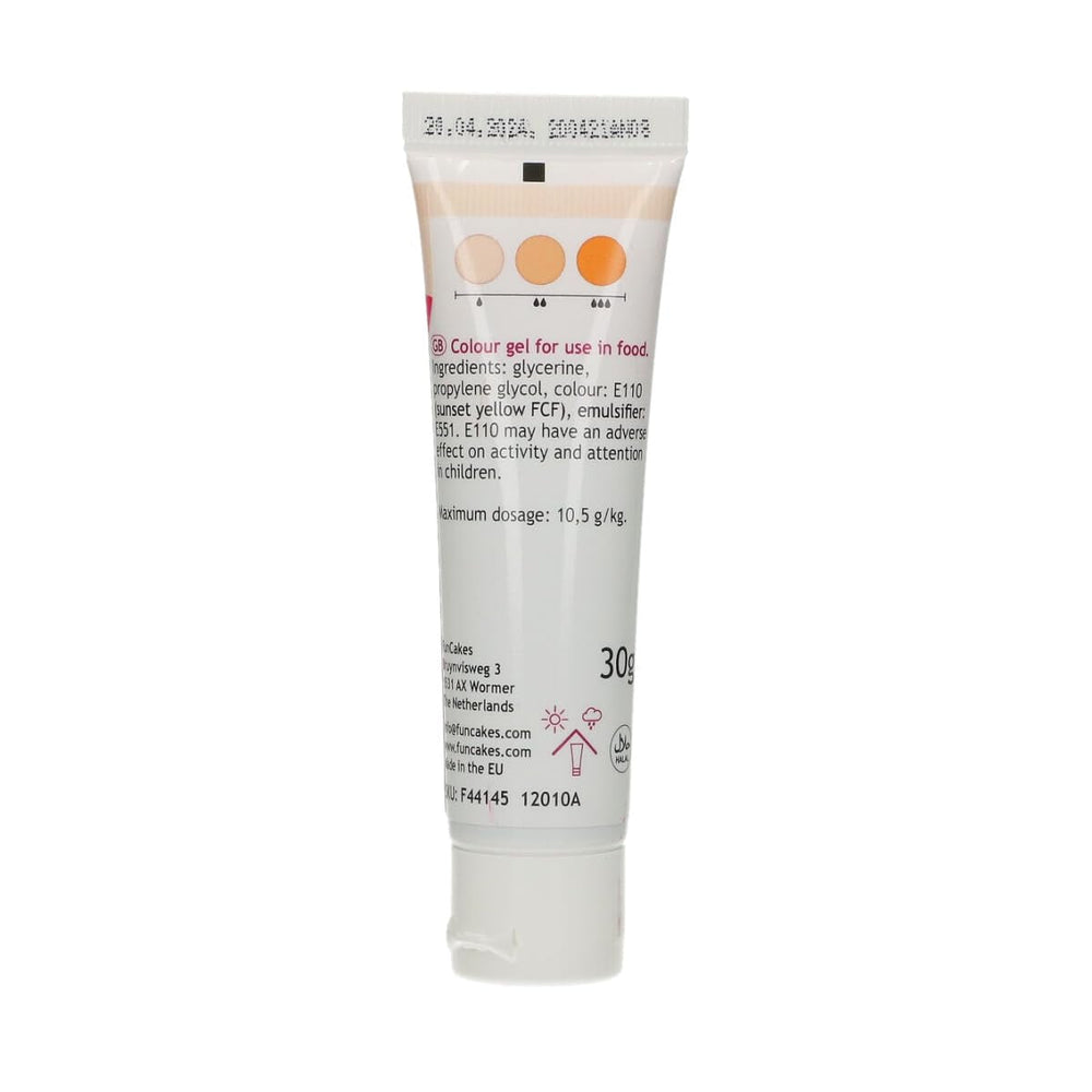 Colorant Alimentaire Gel Funcakes Orange : Colorant alimentaire très concentré pour pâte, crème, fondant et pâte d'amande. Dosage facile. Une seule goutte pour créer des couleurs vibrantes. Halal. 30g.