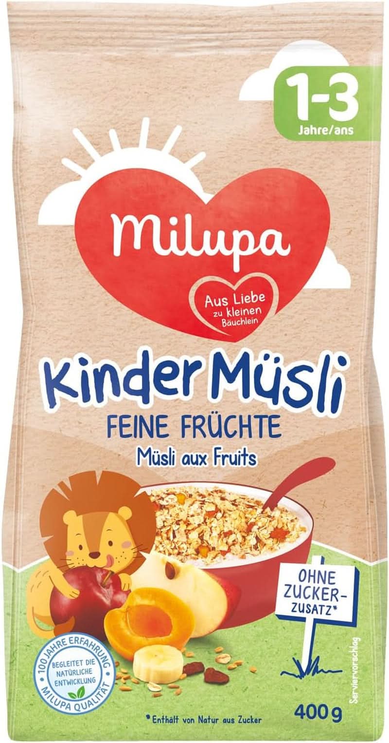 Milupa enfants muesli fruits fins - céréales petit-déjeuner muesli de 1 à 3 ans, sans sucre ajouté, 4 x 400 g Mère et Enfant Naty Shop Fruits fins 4 x 400 grammes