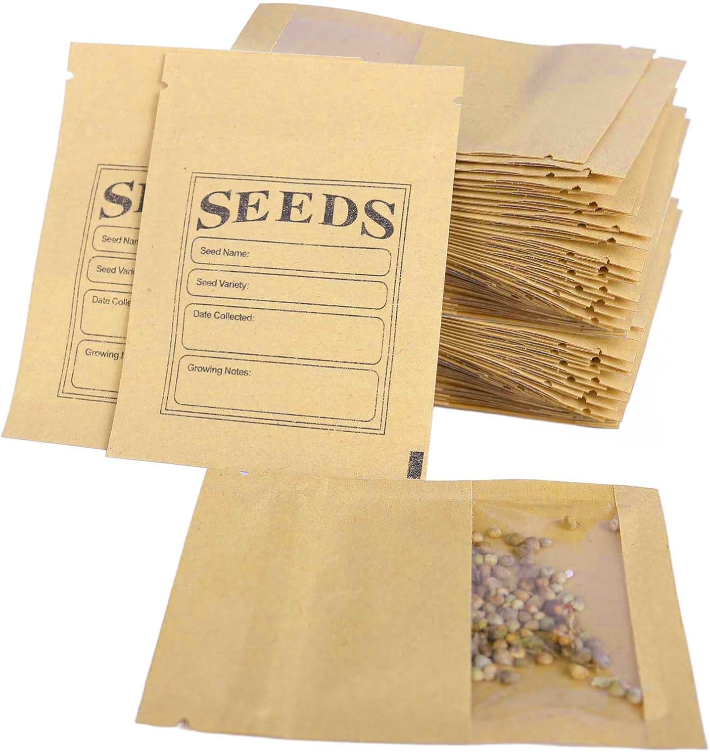 WACCOMT Pack 100 Stück Kleine Braune Wiederverschließbare Kraftpapier Samen Pakete Mit Klarem Fenster Münze Umschläge Taschen Reißverschluss Für Saatgut Blume Lagerung 7X9.5Cm(2.7X3.7Inch)