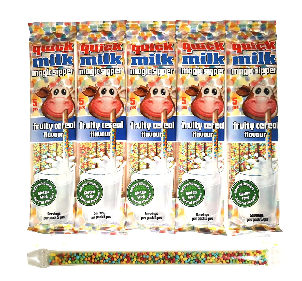 Céréales fruitées QUICK MILK - Préparation pour le lait avec des recettes et des fruits, 5 paquets et 5 boissons (25 pièces)