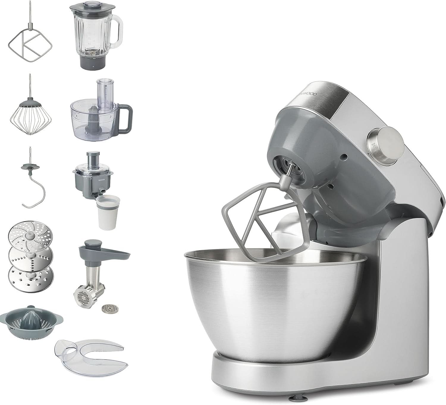 Kenwood Prospero+ KHC29A.R0SI Machine de cuisine, 4,3 L Edelstahlschüssel, Inkl. 10-Teiligem Zubehör-Set Mit Fleischwolf, Glas-Mixer, Zitruspresse, Entsafter Und Mehr, Inkl. Easyweigh Waage, 1000W, Argent Mère et Enfant Naty Shop Silber Inkl. 9 Accessoires
