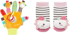 Fehn Play Glove Safari - Marionnettes à doigts singe et éléphant pour enfants et chaussettes cloches licorne pour enfants - chaussettes pour enfants avec fonction cloche et tête de licorne - stimulent la motricité et les sens Bebe Toys Naty Shop Pack de chaussettes hochet licorne pour enfants Safari