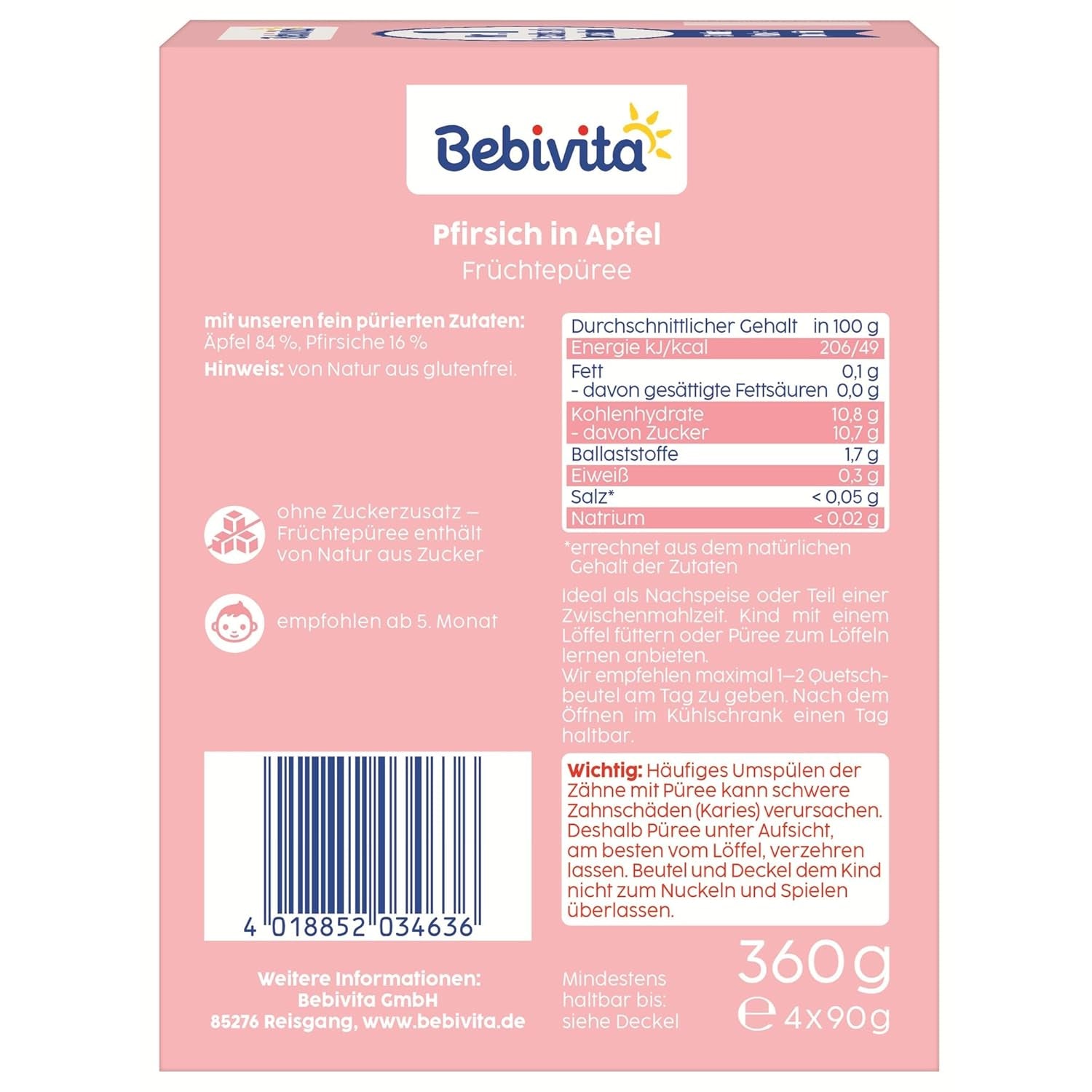 Sachets compressibles pêche pomme - paquet de 16 (4 paquets, 4 x 90 g chacun), sans sucre ajouté, sans gluten, végétalien, idéal pour les bébés à partir de 5 mois, parfait pour emporter