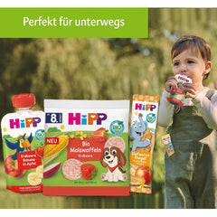 Sachets compressibles HiPP aux pêches et bananes bio en sachets de pommes et biscuits - Félix le paresseux (8 x 100g), à partir de 1 an, fruits aux céréales, sans sucre ajouté, meilleure qualité bio