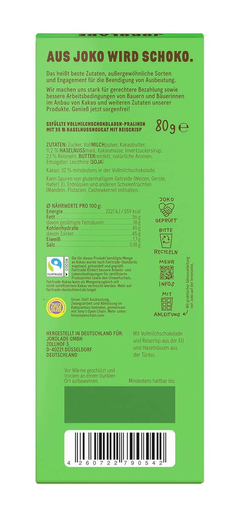 JOKOLADE PRALLINE Pack économique 12 x 80g | Garniture généreuse à la crème de nougat aux noisettes et chips | Chocolat équitable de Joko Winterscheidt