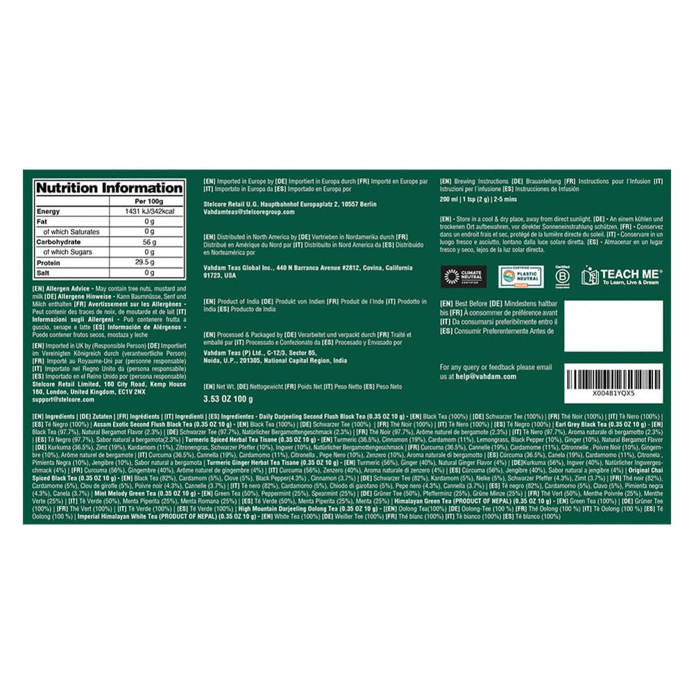 VAHDAM, set cadou cu sortimente de ceai - set de 10 ceaiuri | Ingrediente 100% naturale | Set cadou cu ceai vrac | Ceai negru, ceai verde, ceai Oolong, ceai Chai, ceai alb | Ceai vrac | Set cadou cu set de ceaiuri de probă