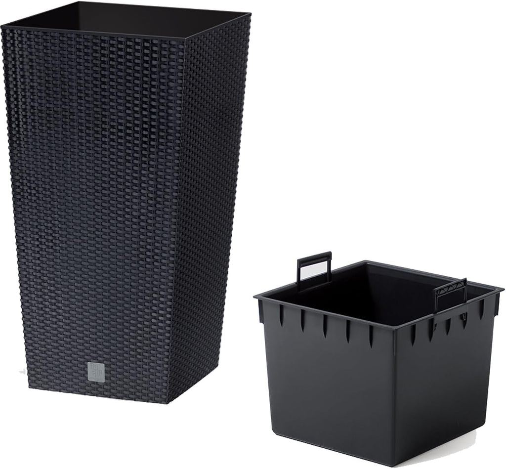 Ghiveci/ghiveci cu aspect de ratan Prosperplast cu insert | 32,5 x 32,5 x 61 cm | antracit | rezistent la intemperii și UV | fabricat din plastic robust | pentru interior și exterior