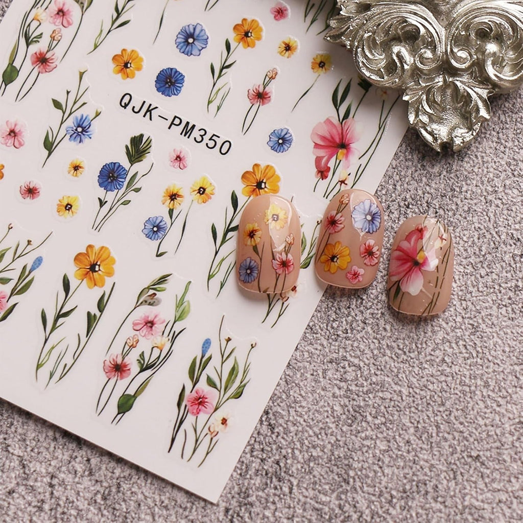 JMEOWIO Nagelsticker Bunte Blumen 9 Blatt Nail Art Sticker Selbstklebend Nagelaufkleber Frühling Sommer Blumen Dekoration Nageldesign Zubehör