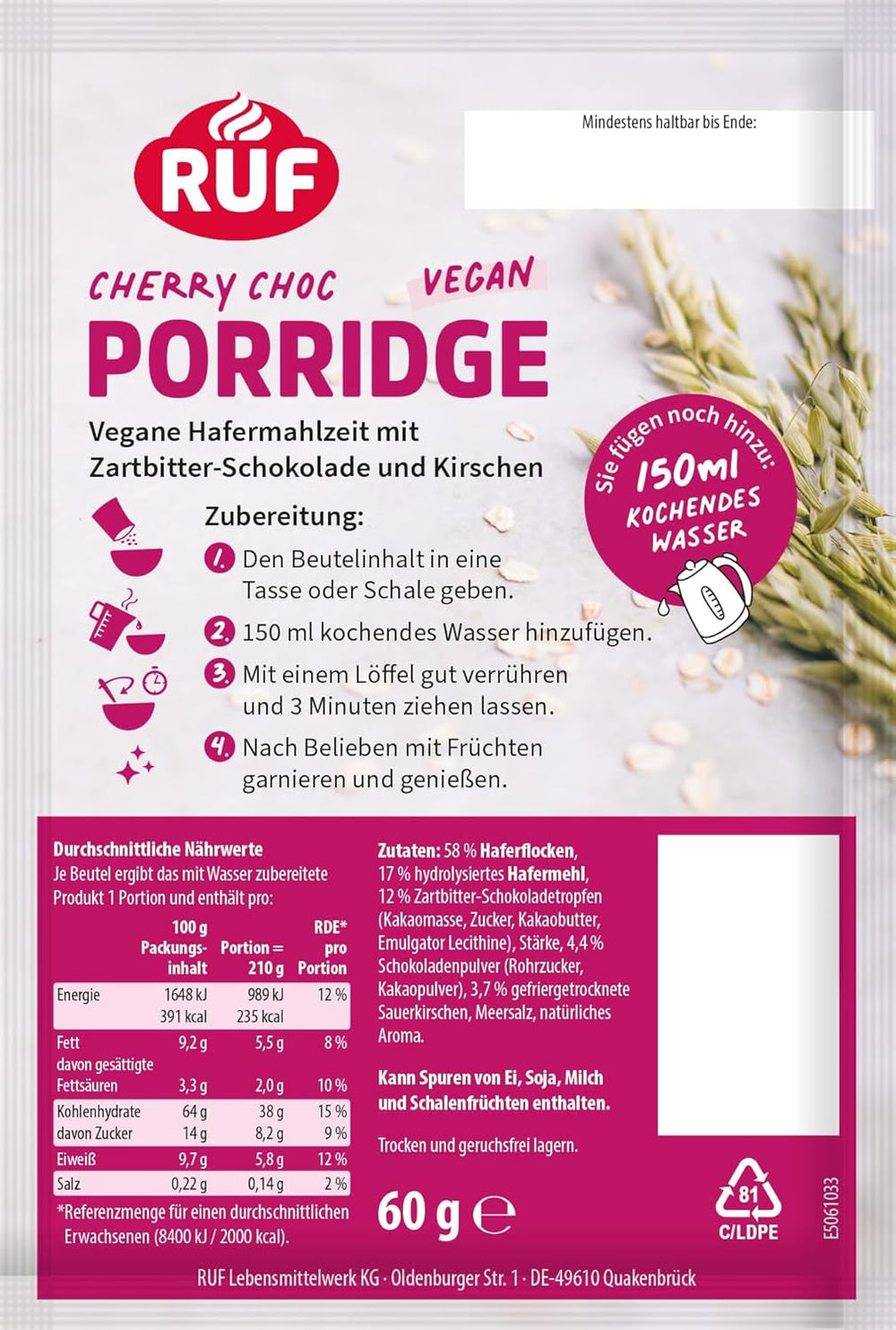 Vegan Porridge Oat Cherry Choc, Oatmal Mit Zartbitter-Schokolade & Kirschen, Einfache Zubereitung, Im Praktischen Portionsbeutel, 1 X 60 G (Packung Mit 3) Cereale Naty Shop