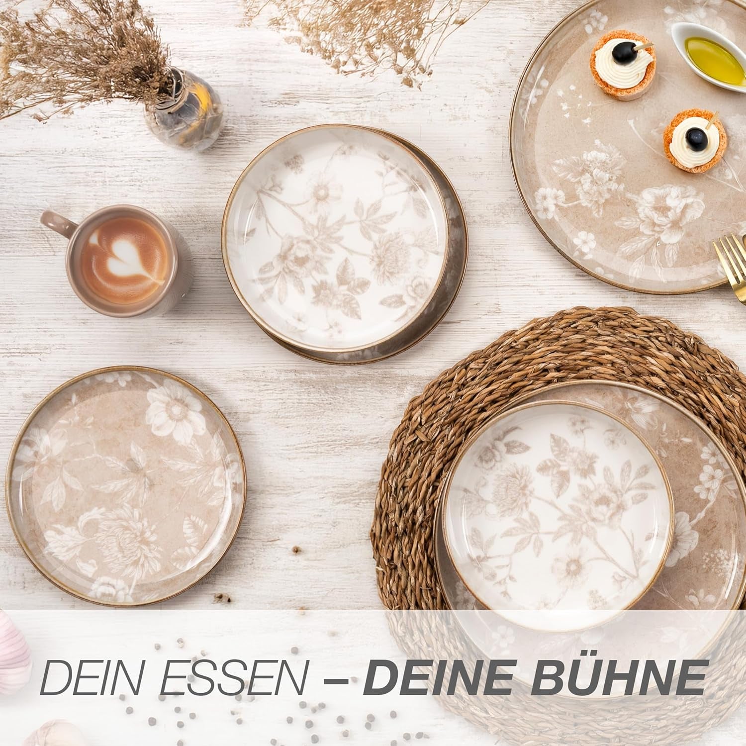 Moritz & Moritz MARIELLA Service de table en grès pour 6 personnes, 24 pièces - Vaisselle beige moderne au design ludique, service à café facile d'entretien avec assiettes, bols et tasses - Service combiné