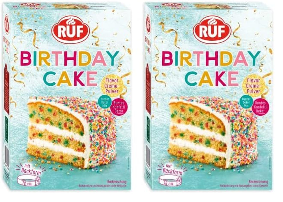 RUF Birthday Cake, Geburtstagskuchen, Schicht-Torte Aus Rührteig Und Konfetti-Streusel, Tortencreme Und Buntem Dekor-Mix, Für Kindergeburtstag, Familienfeier, Einschulung, 1X425G Glaçages et Décor Naty Shop 425 G (2Er Pack)