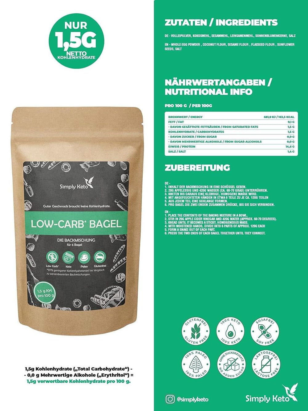 Mélange à pâtisserie pour bagel Simply Keto Lower Carb* pour régime faible en glucides* et cétogène - sans lactose et sans gluten - 335 grammes Naty Shop Kitchen