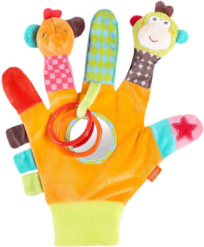 Fehn Play Glove Safari - Marionnettes à doigts pour bébé singe et éléphant et chaussettes cloches pour bébé licorne - chaussettes bébé avec fonction cloche et tête de licorne - stimulent la motricité et les sens Bebe Toys Naty Shop