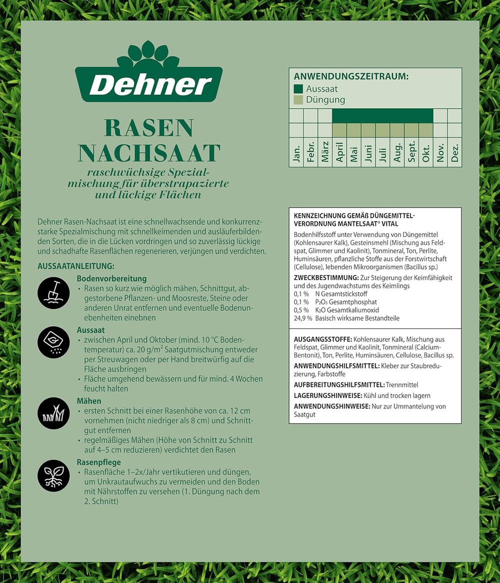 Dehner Saatgut Rasen-Nachsaat, Trockenrasen, Hochwertige Saatgutmischung, Raschwüchsig/Schnellkeimend, 300 G, Für Ca. 25 M², Natur