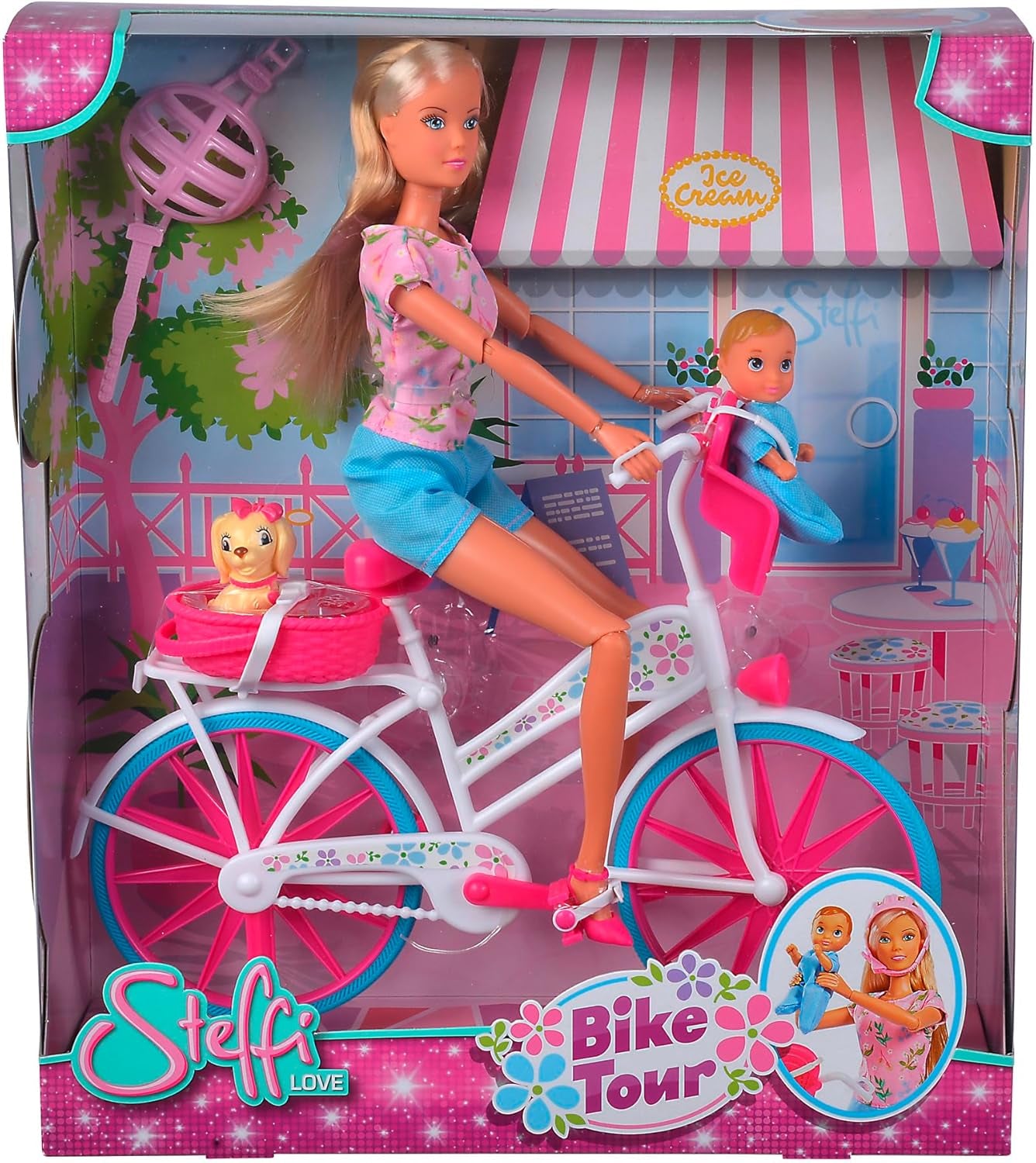 Simba 105739050 - Steffi Love Bike Tour, Steffi et Evi dans leur château à trois étages avec balançoire, meubles et nombreux accessoires, 40 pièces, 102x90x38cm, pour enfants à partir de 3 ans