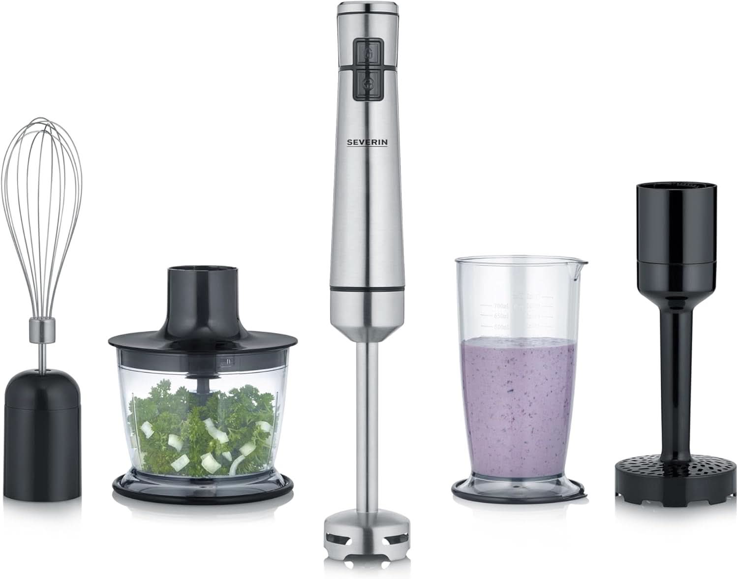 SEVERIN Kabelloser Stabmixer Mit Premium-Set, Abnehmbarer Mixstab, Mit Pürierstab, Multizerkleinerer, Mixbehälter, Kartoffelstampfer & Schneebesen, Schwarz/Edelstahl-Gebürstet, SM 3775 Mère et enfant Naty Shop Kabellos Inkl. Accessoires Premium