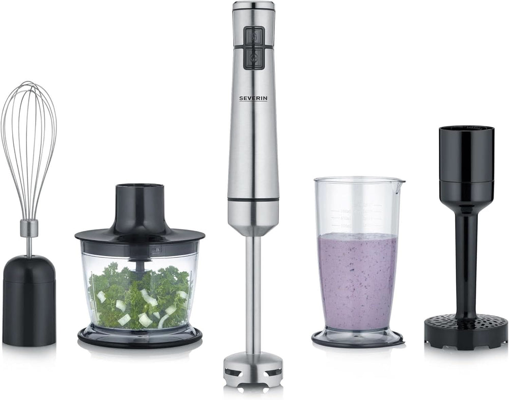 SEVERIN Kabelloser Stabmixer Mit Premium-Set, Abnehmbarer Mixstab, Mit Pürierstab, Multizerkleinerer, Mixbehälter, Kartoffelstampfer & Schneebesen, Schwarz/Edelstahl-Gebürstet, SM 3775 Mère et enfant Naty Shop Kabellos Inkl. Accessoires Premium