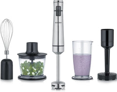 SEVERIN Kabelloser Stabmixer Mit Premium-Set, Abnehmbarer Mixstab, Mit Pürierstab, Multizerkleinerer, Mixbehälter, Kartoffelstampfer & Schneebesen, Schwarz/Edelstahl-Gebürstet, SM 3775 Mère et enfant Naty Shop Kabellos Inkl. Accessoires Premium