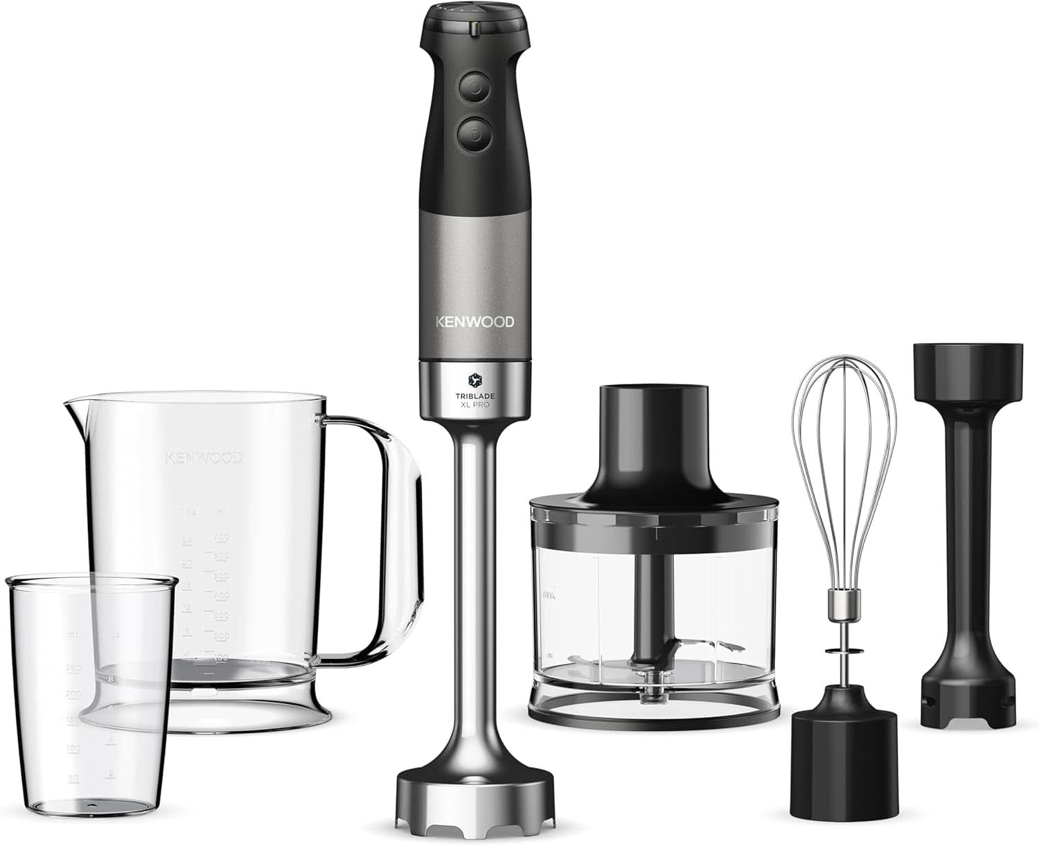 Kenwood Triblade XL Pro Stabmixer HBM80.322BK, 1200W, vitesses variables, Edelstahl(Pürierfuss), Schneebesen, Emulgieraufsatz, 500Ml Zerkleiner, 700 & 250Ml Becher, Spülmaschinenfeste Teile Bucatarie Naty Shop Schwarz Hbm80.322Bk