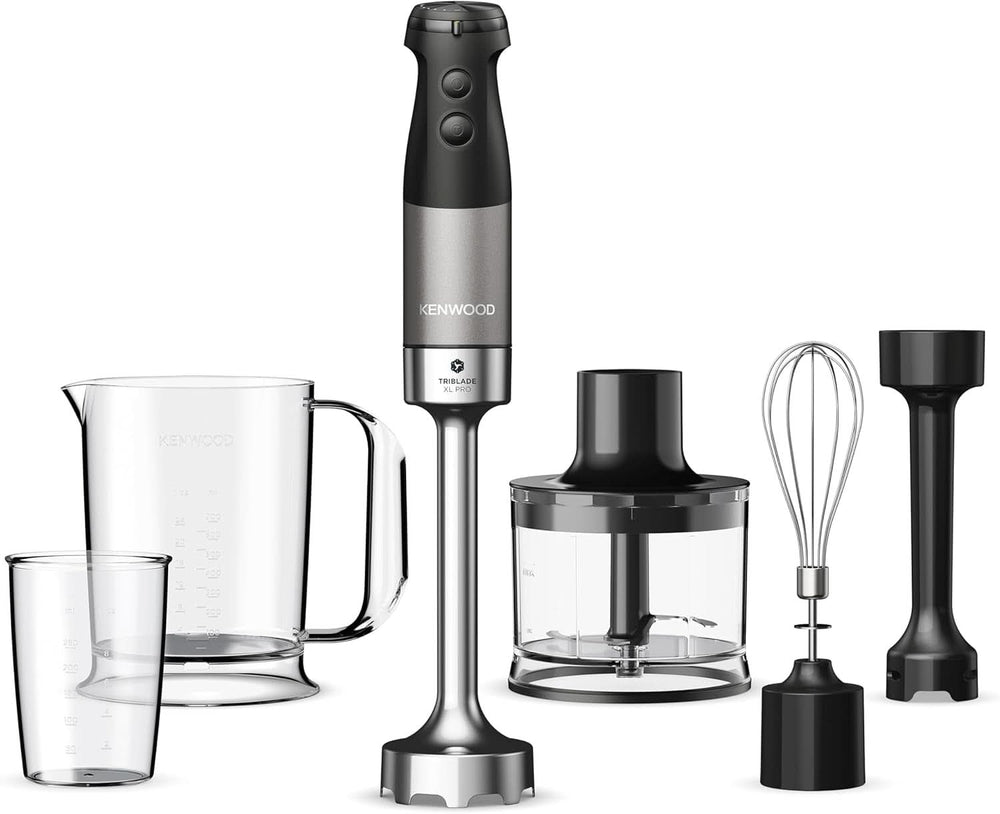 Kenwood Triblade XL Pro Stabmixer HBM80.322BK, 1200W, vitesses variables, Edelstahl(Pürierfuss), Schneebesen, Emulgieraufsatz, 500Ml Zerkleiner, 700 & 250Ml Becher, Spülmaschinenfeste Teile Bucatarie Naty Shop Schwarz Hbm80.322Bk