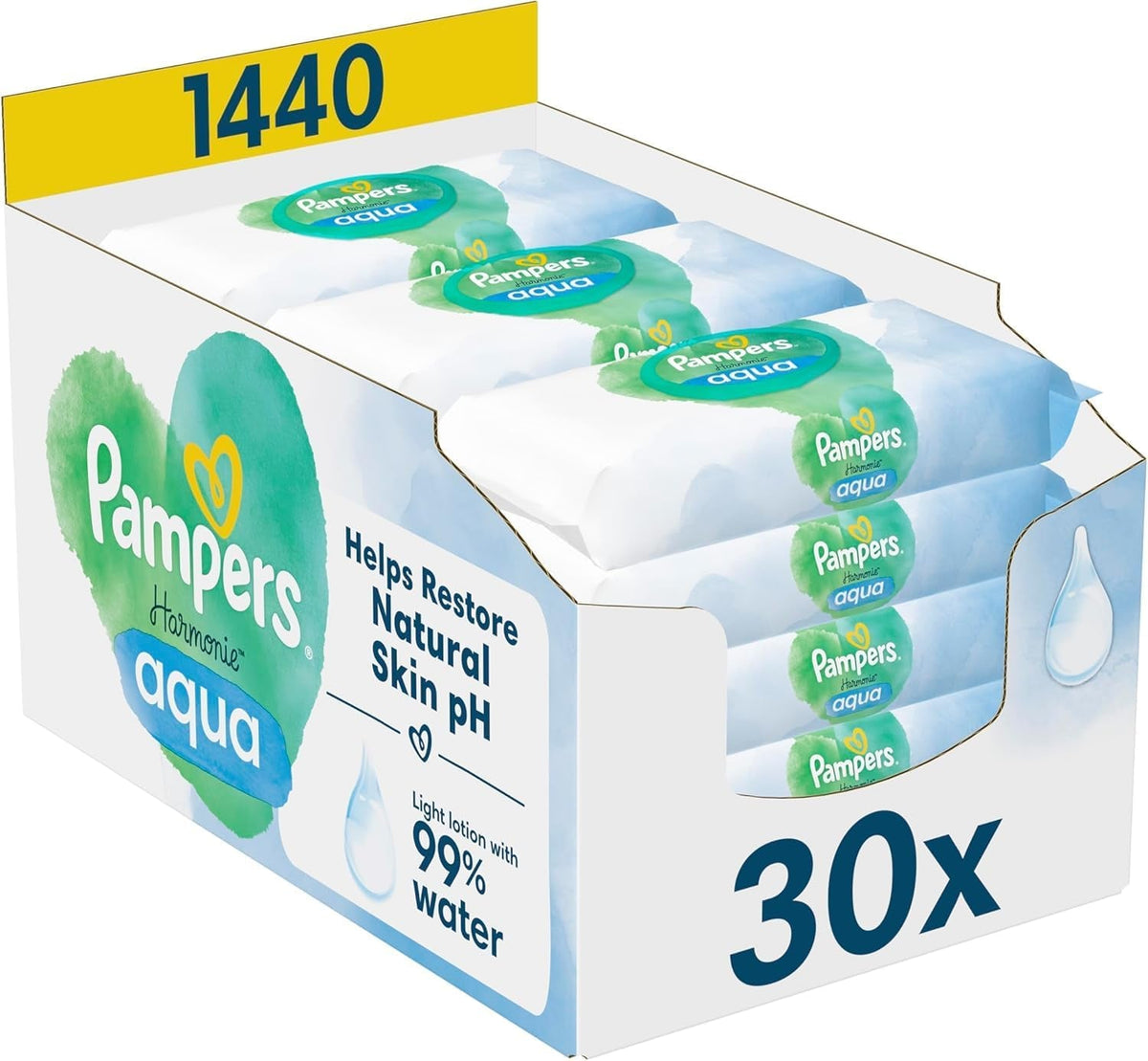 Șervețele umede Pampers Harmony Aqua pentru bebeluși, cutie, 1440 de șervețele (15 x 96), protecție delicată pentru pielea delicată cu 99% apă