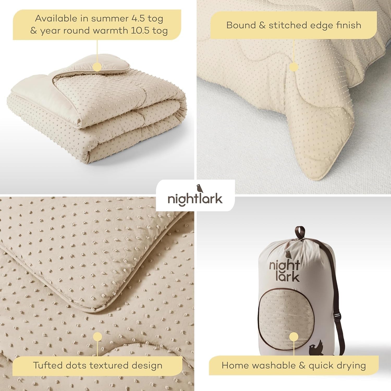 Couette Night Lark sans housse, 4,5 Tog, King Size, collection Dot touffetée, literie de luxe, hypoallergénique, lavable en machine, couettes et couettes sable chaud Naty Shop