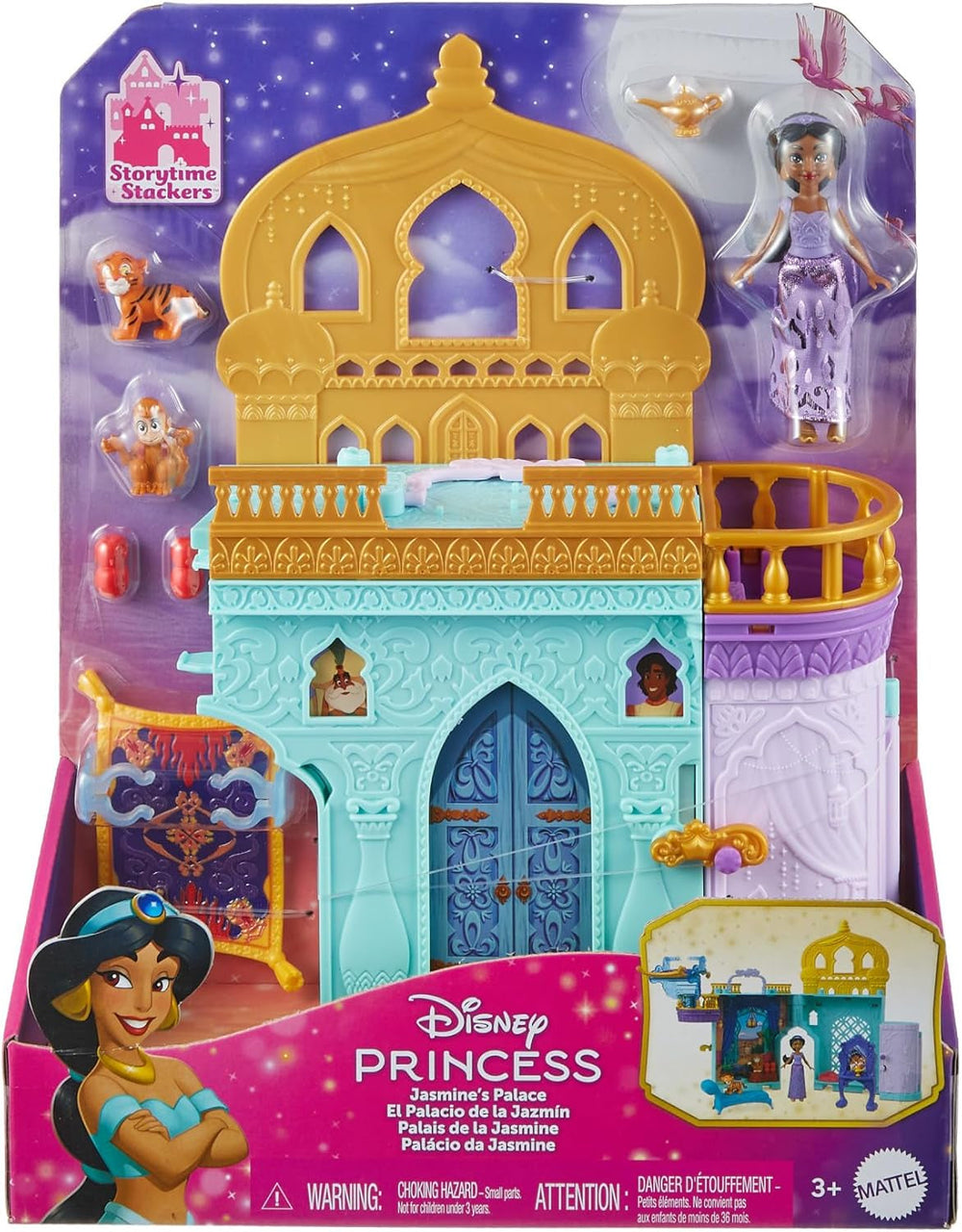 Jouet princesse Disney Mattel, maison de poupée château empilable de Jasmin avec petite poupée, 2 amis et 7 pièces, inspiré du film Disney, jouets de voyage et cadeaux pour enfants, HLW93 Papusi Naty Shop