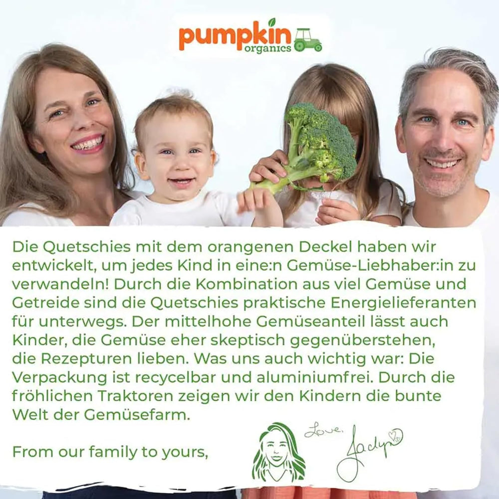 Pumpkin Organics Bio Gemüse-Getreide-Quetschie Kürbis, Birne, Apfel, Pflaume, Hafer ohne Zuckerzusatz¹ - à partir de 8 mois - comme Snack ou Beikost für unterwegs (100g)