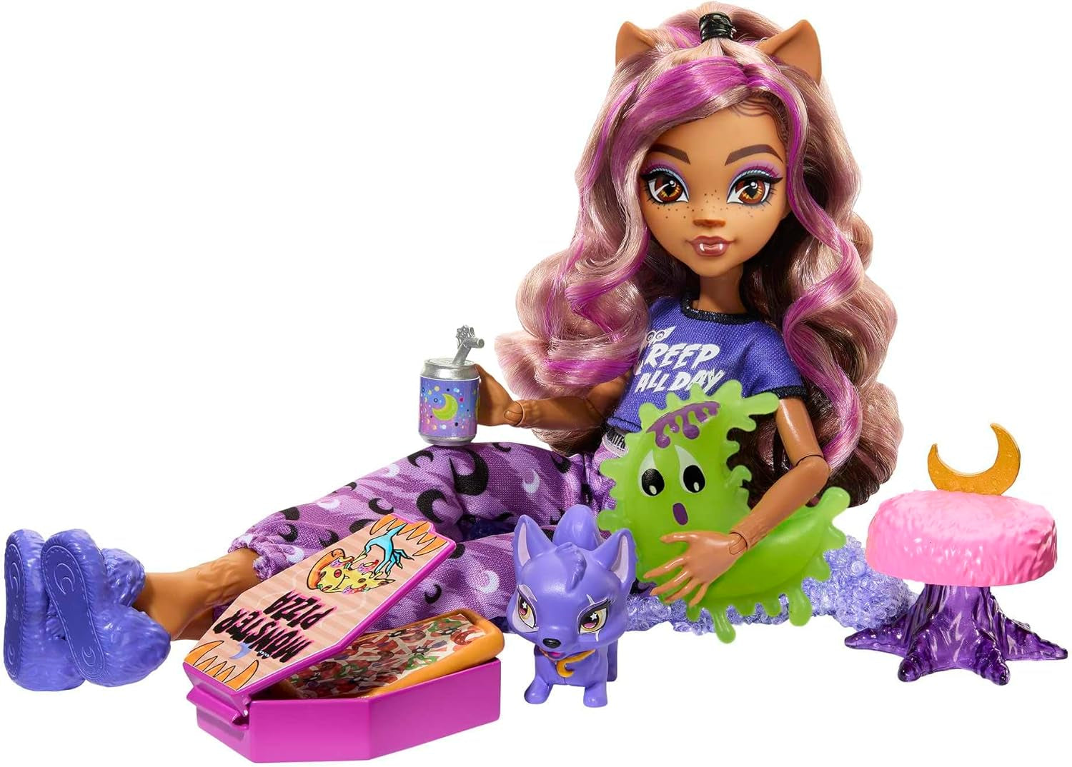 MONSTER HIGH Poupée et accessoires de soirée pyjama, poupée loup Clawdeen avec chat de compagnie, croissant, Creepover Party, HKY67