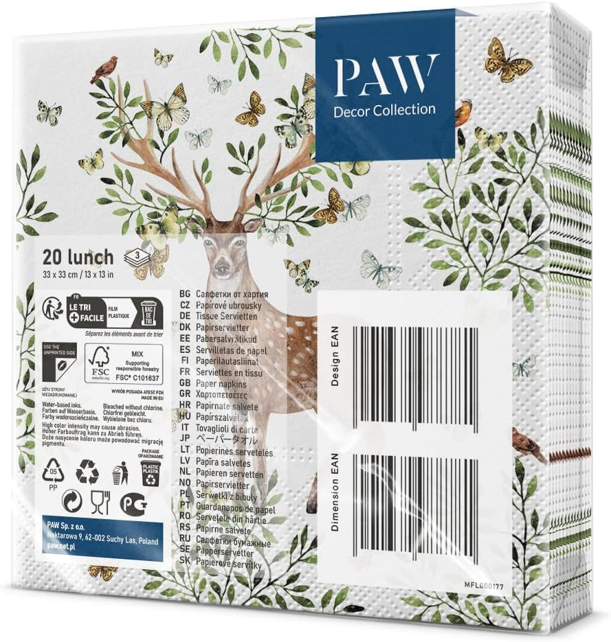 PAW - Serviettes 3 épaisseurs (33 x 33 cm) I 20 pièces I Parfaites pour les anniversaires d'enfants, les fêtes, les communions et les vacances I Serviettes en papier à motif de fête colorées I Animaux, Joie, Fête - Bois