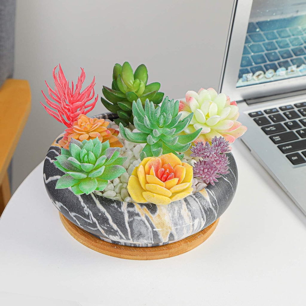 Ghivece mari pentru plante suculente cu farfurioare din bambus, jardiniere ceramice pentru cactus de 18,5 cm, ghivece rotunde pentru flori, recipiente pentru bonsai pentru grădină, birou, decorare birou