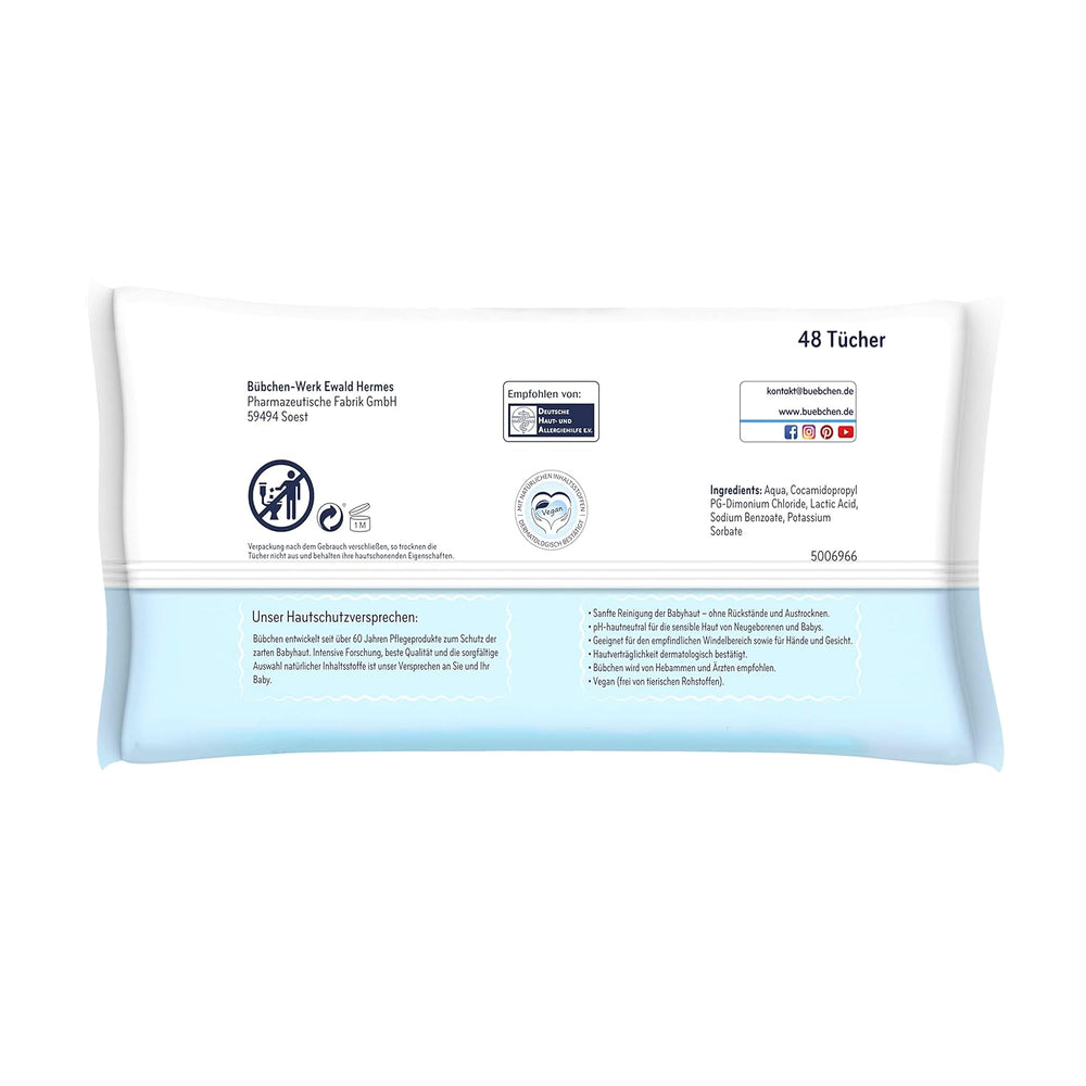 Bübchen Aqua Touch Lingettes humides pour bébé 144 pièces (3 x 48) - Lingettes pour soins de la peau sensible avec 99 % d'eau pure, lingettes humides pour nouveau-nés et bébés