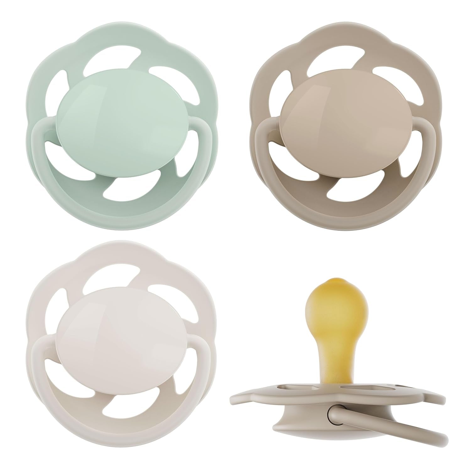 pincement - Vert Cerise | 0-6 mois | Paquet de 4 | Sucette pour bébé, adaptée à l'allaitement et à la dentition. Sucette durable, fabriquée à partir de matières premières naturelles, vert clair/marron