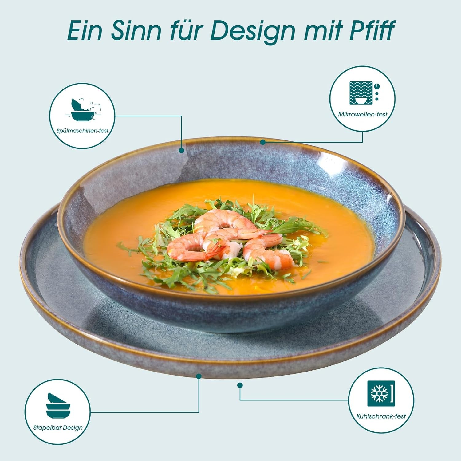 Geschirrset 6 Personen, vancasso PLAYA 24tlg Reaktive Glasur Steingut Tafelservice 6 Personen Modern, Beinhaltet Schüssel, Suppenteller, Dessertteller, Speiseteller, Spülmaschinenfest, Lavendelblau