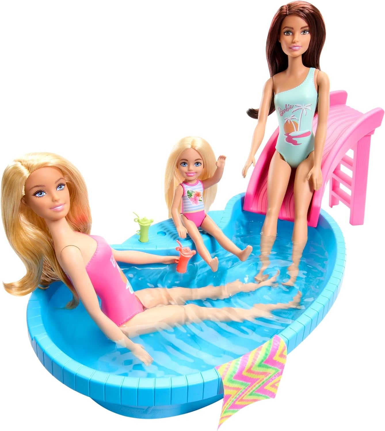 Poupée Barbie et accessoires - piscine avec toboggan et accessoires pour des heures de plaisir au soleil, maillot de bain rose au design tropical, pour enfants à partir de 3 ans, HRJ74 Naty Shop Dollhouses