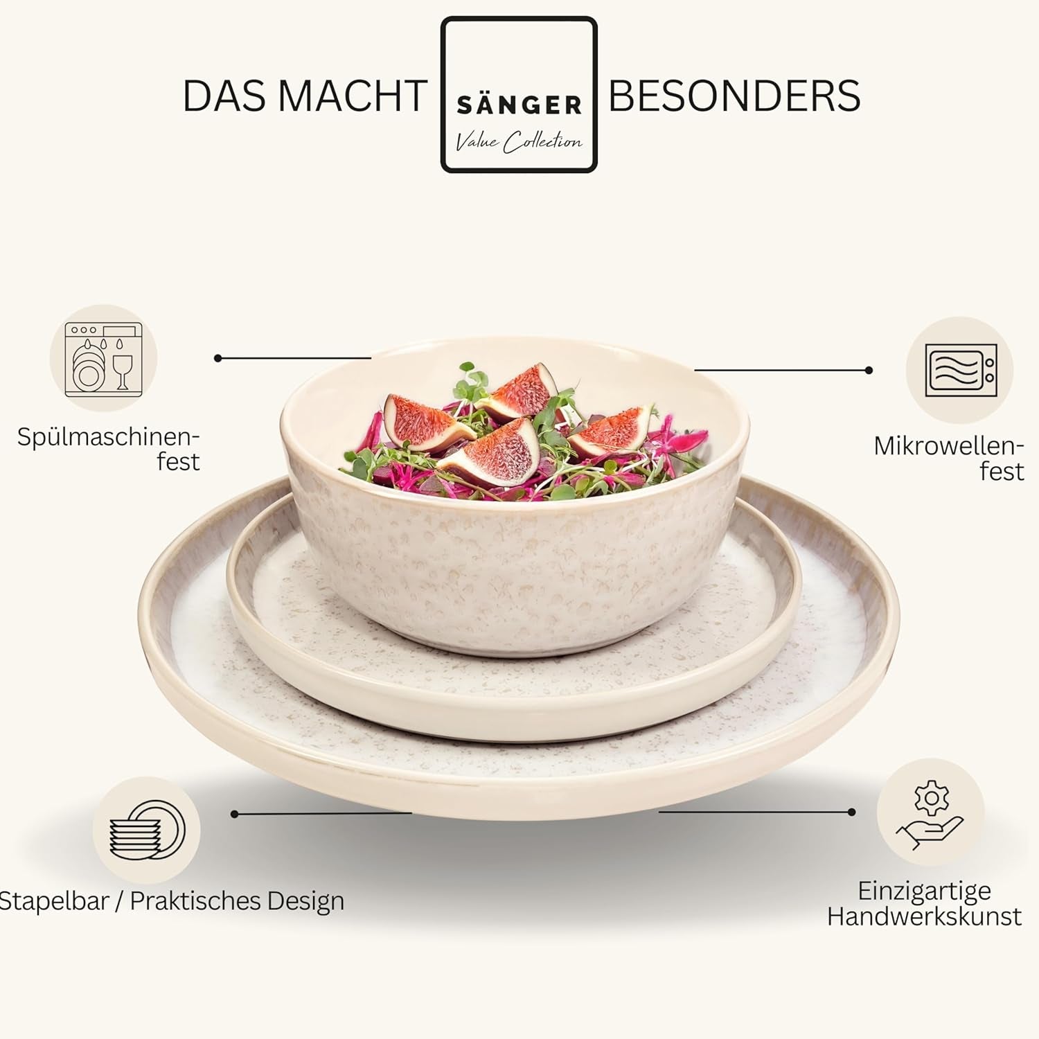 SÄNGER Key West | Service de table en grès 24 pièces pour 6 personnes, 6 assiettes à dîner, bols à céréales, assiettes à dessert, bols à pâtes, vaisselle à la crème avec texture sable | LA COLLECTION VALEUR