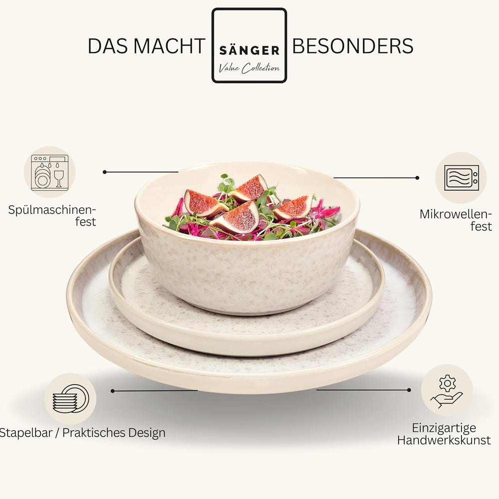 SÄNGER Key West | Service de table en grès 24 pièces pour 6 personnes, 6 assiettes à dîner, bols à céréales, assiettes à dessert, bols à pâtes, vaisselle à la crème avec texture sable | LA COLLECTION VALEUR