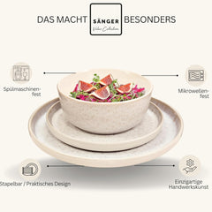 SÄNGER Key West | Service de table en grès 24 pièces pour 6 personnes, 6 assiettes à dîner, bols à céréales, assiettes à dessert, bols à pâtes, vaisselle à la crème avec texture sable | LA COLLECTION VALEUR