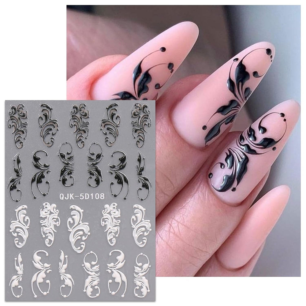 JMEOWIO Autocollants pour ongles 3D Noir Blanc Fleurs Nail Art Autocollants Autocollants pour ongles 5D Stéréoscopiques Fleurs Décoration Nageldesign Zubehör 4 Blatt
