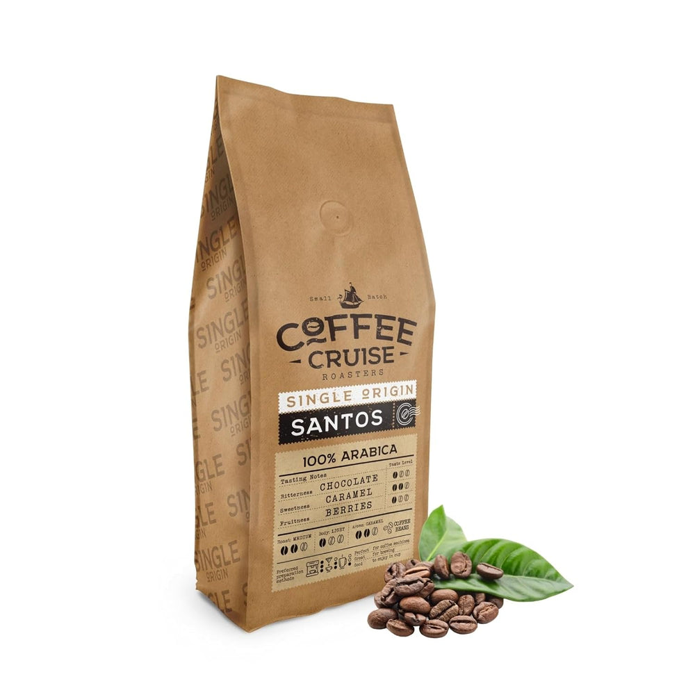 COFFEE CRUISE Santos Kaffeebohnen 1kg - Mittlere Röstung - Aroma Caramel - Pour toutes les machines à café - 100% arabe