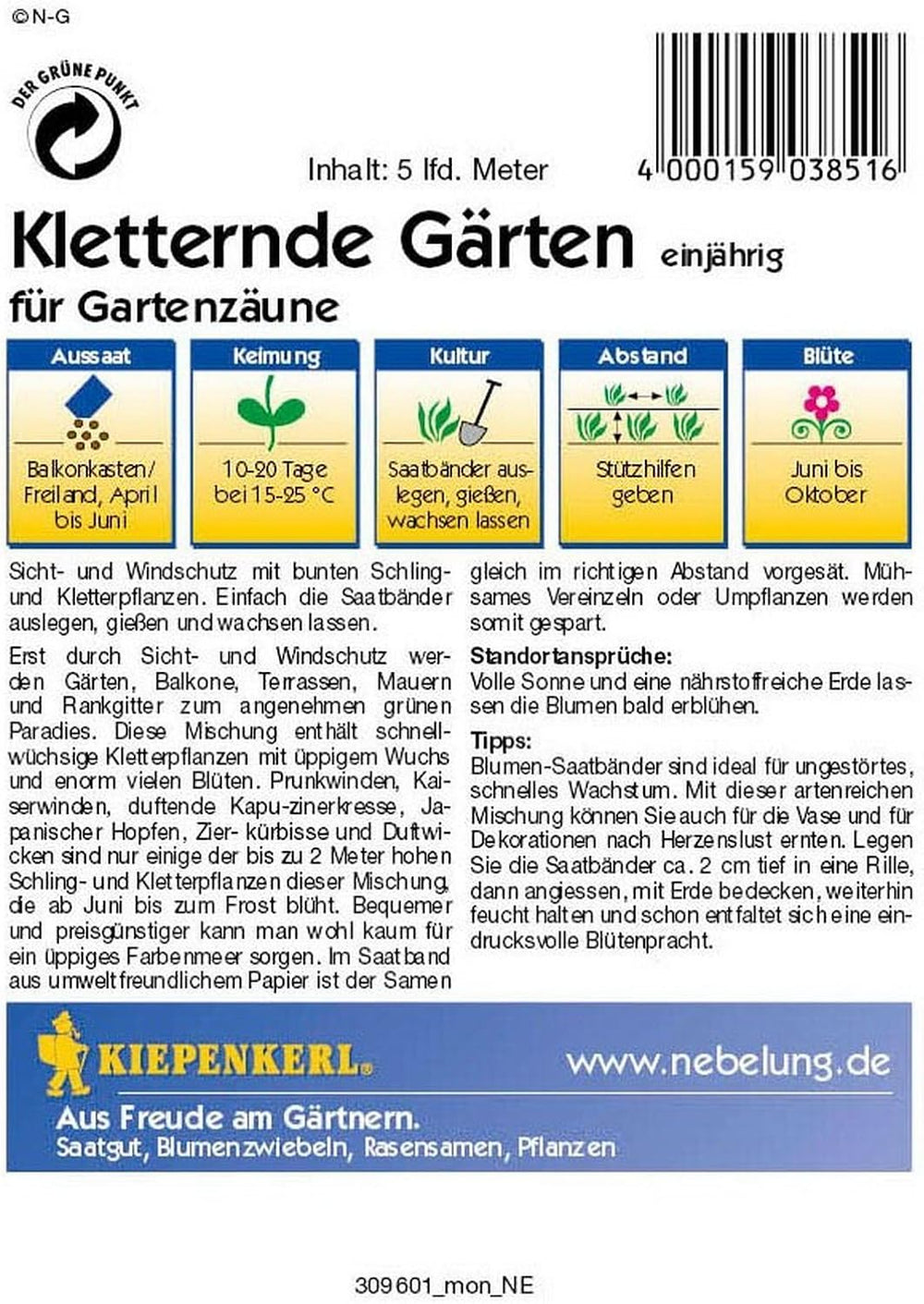 Kiepenkerl, Kletternde Gärten Für Gartenzäune, Saatband