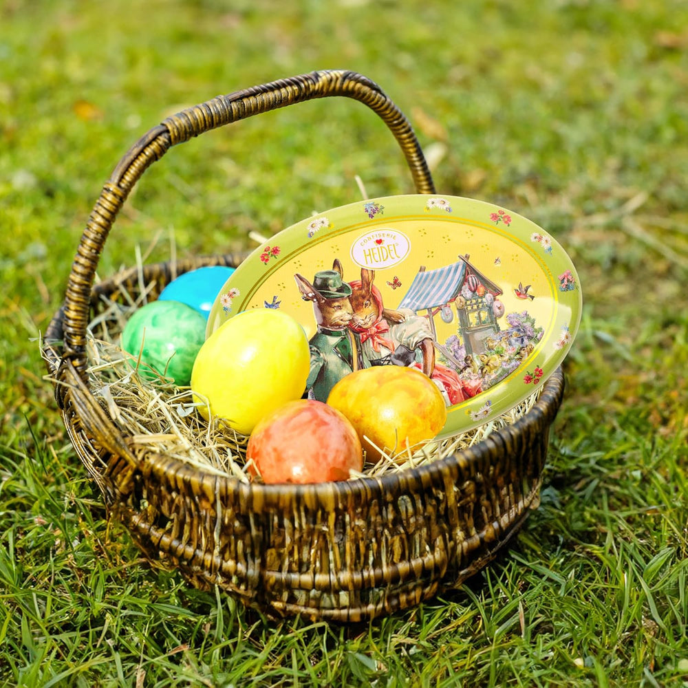 Coffret cadeau carte de Pâques Heidel 183g, praliné au chocolat au lait haut de gamme avec boîte en métal décorative, idéal comme cadeau de Pâques