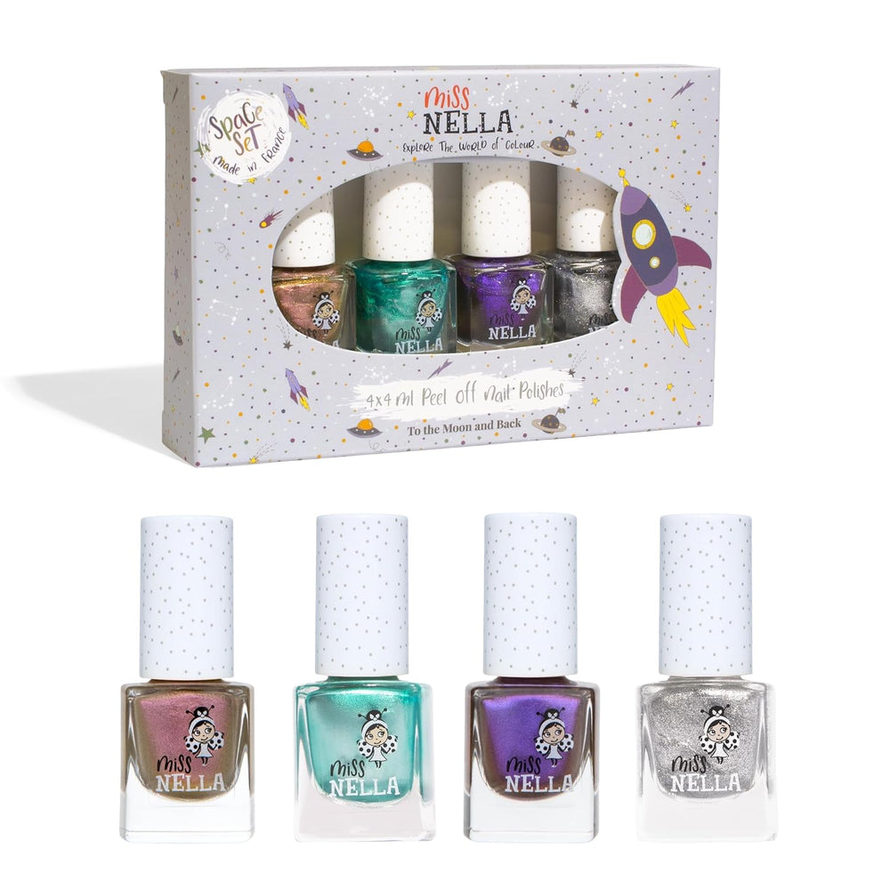 Miss Nella Magic Collection Lot de 4 vernis à ongles pailletés : rose, rouge, or et bleu, vernis à ongles amovible spécial enfants, non toxique, à base d'eau, sans odeur