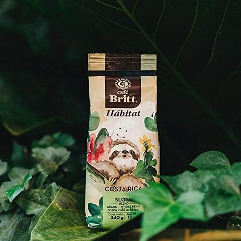 Café Britt® - Mélange de paresseux de l'habitat du Costa Rica (340 g) (paquet de 1) Café Arabica en grains entiers, casher, sans gluten, gourmet et torréfaction moyennement foncée