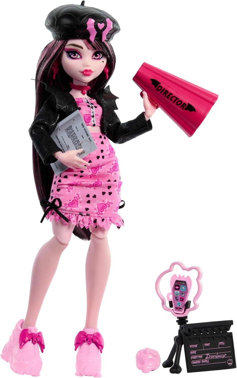 Poupée Monster High Draculaura avec son animal de compagnie Count Fabulous, chat chauve-souris et accessoires tels qu'un sac à dos, un livre de sorts, une boîte à bento et plus encore, HRP64 Naty Shop Dolls Movie Club Theme