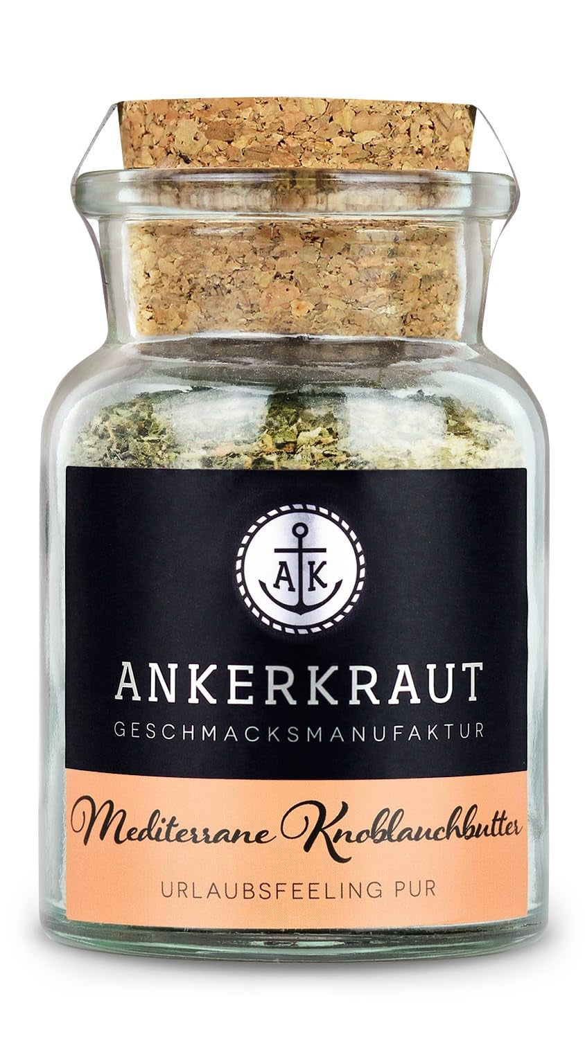Ankerkraut Mediterranean Knoblauchbutter Gewürz, 85g dans un verre en liège, sans sucre, ingrédients naturels pour le beurre, idée cadeau, grillades entre amis et en famille, qualité supérieure sans gluten